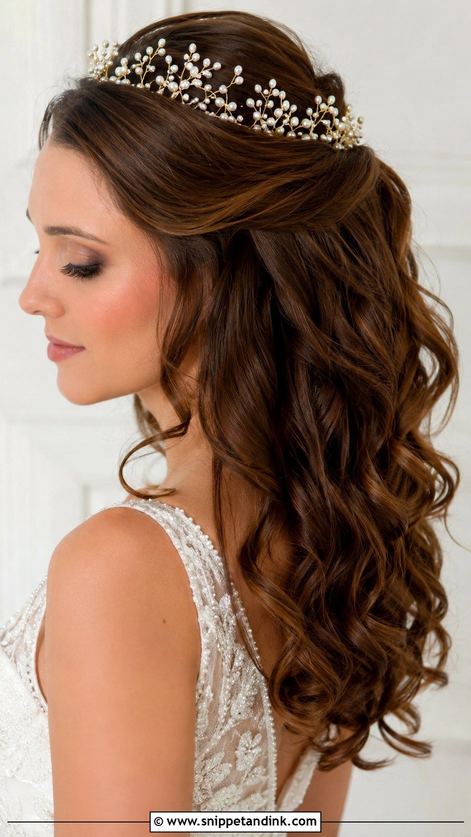 Pearl Crown Half Updo - Snippet and Ink - 20 Pearl Bridal Hair Ideas