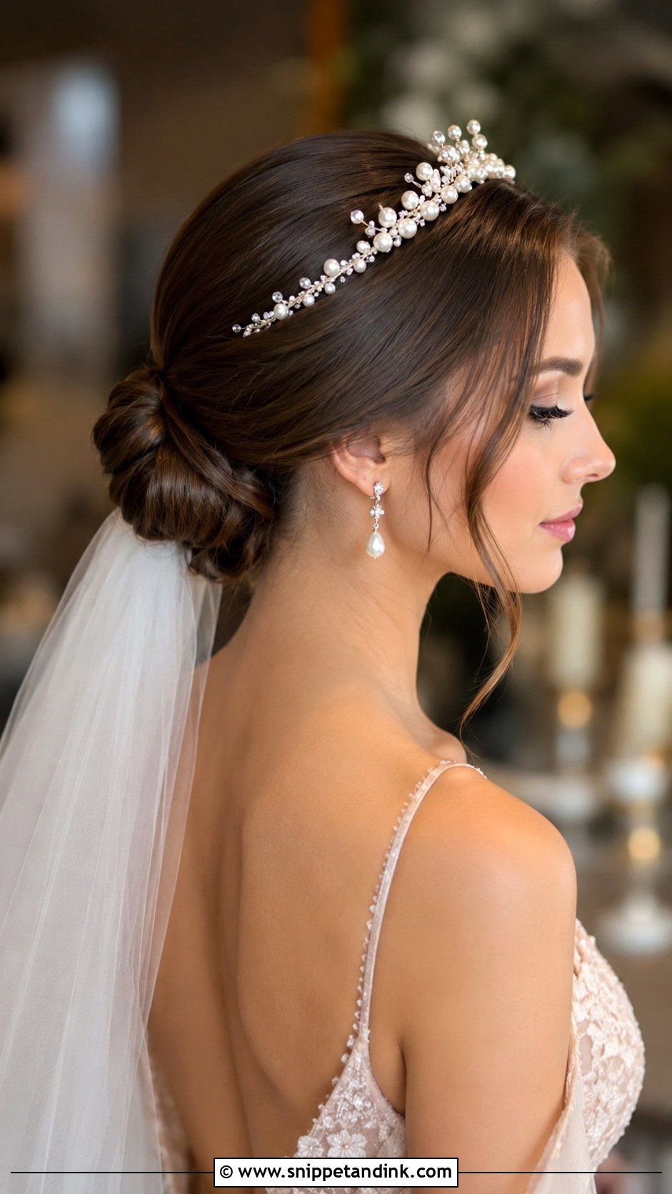 Pearl Crown Low Chignon - Snippet and Ink - 30 Wedding Hairstyles with Crown