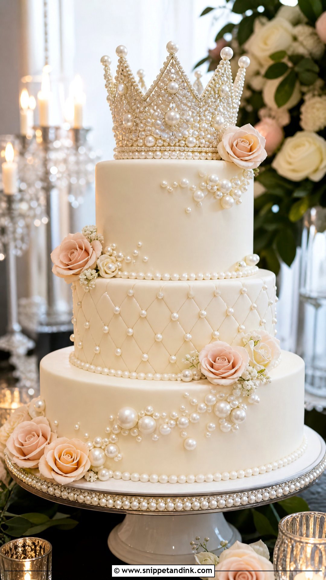 Pearl Crown Wedding Cake - Snippet and Ink - 35 Crown Cake Ideas for Wedding