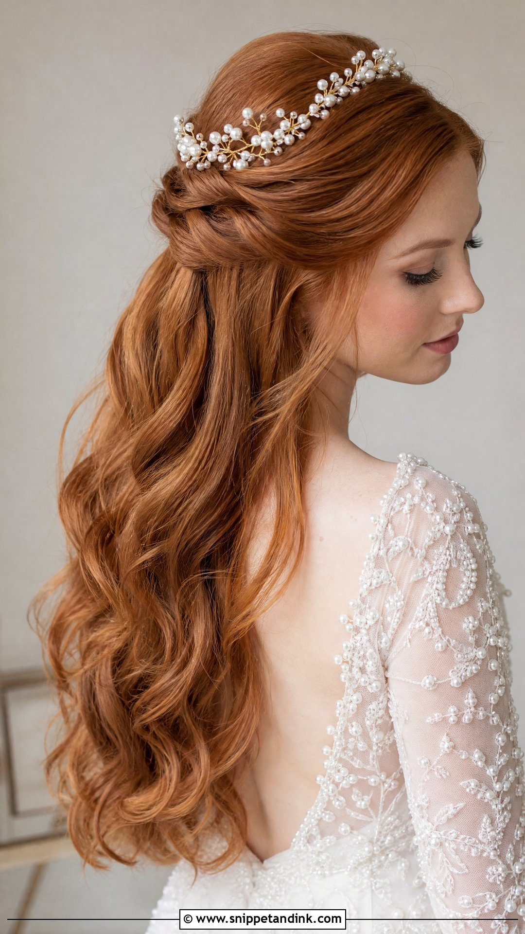 Pearl Crown With Half Up Hair - Snippet and Ink - 15 Bride Hair Crown Ideas