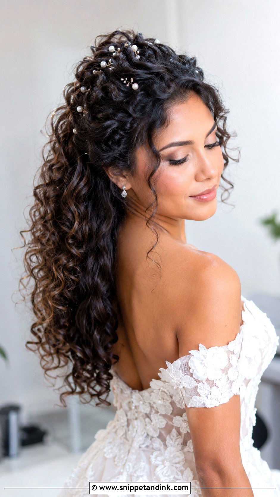 Pearl Curly Half Up Style - Snippet and Ink - 25 Bridal Hair with Pearls Ideas
