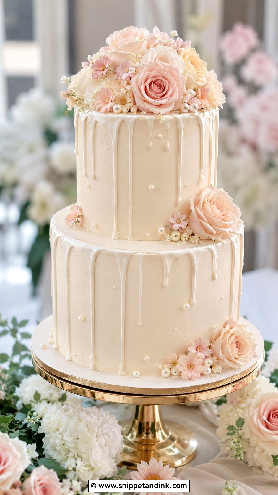 Pearl Drip Wedding Cake With Flowers - Snippet and Ink - 30 Wedding Cake Ideas with Flowers and Pearls