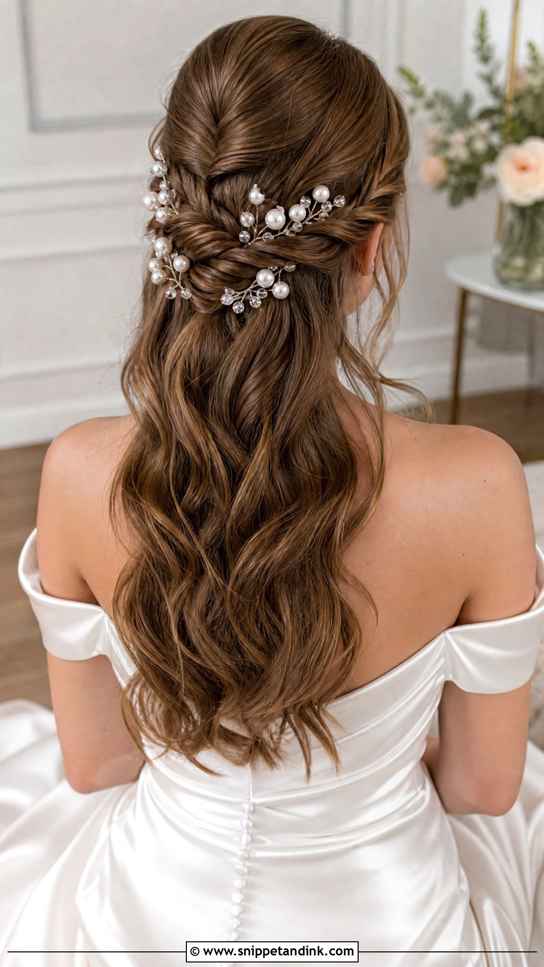 Pearl Embellished Braided Half Up - Snippet and Ink - 20 Half-Up Braid Bridal Hair Ideas