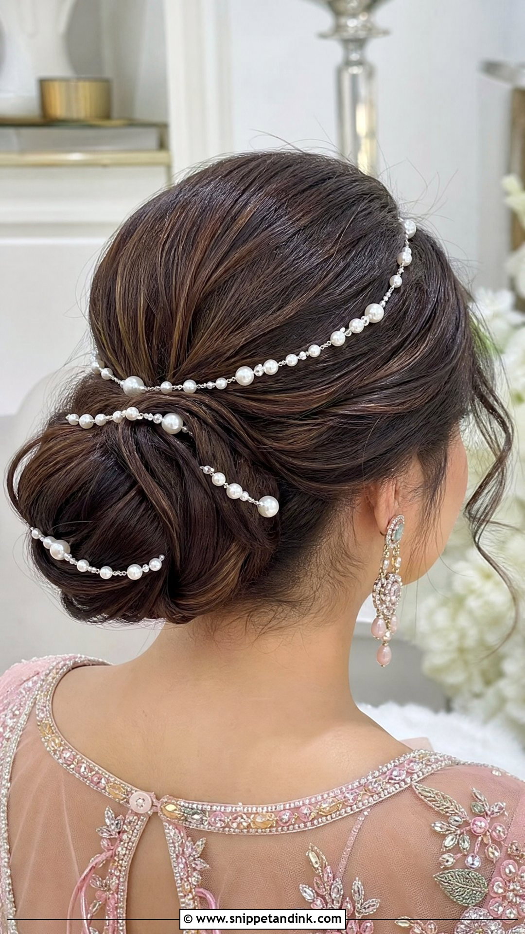 Pearl Embellished Bun Hairstyle - Snippet and Ink - 20 Indian Wedding Buns Hairstyles