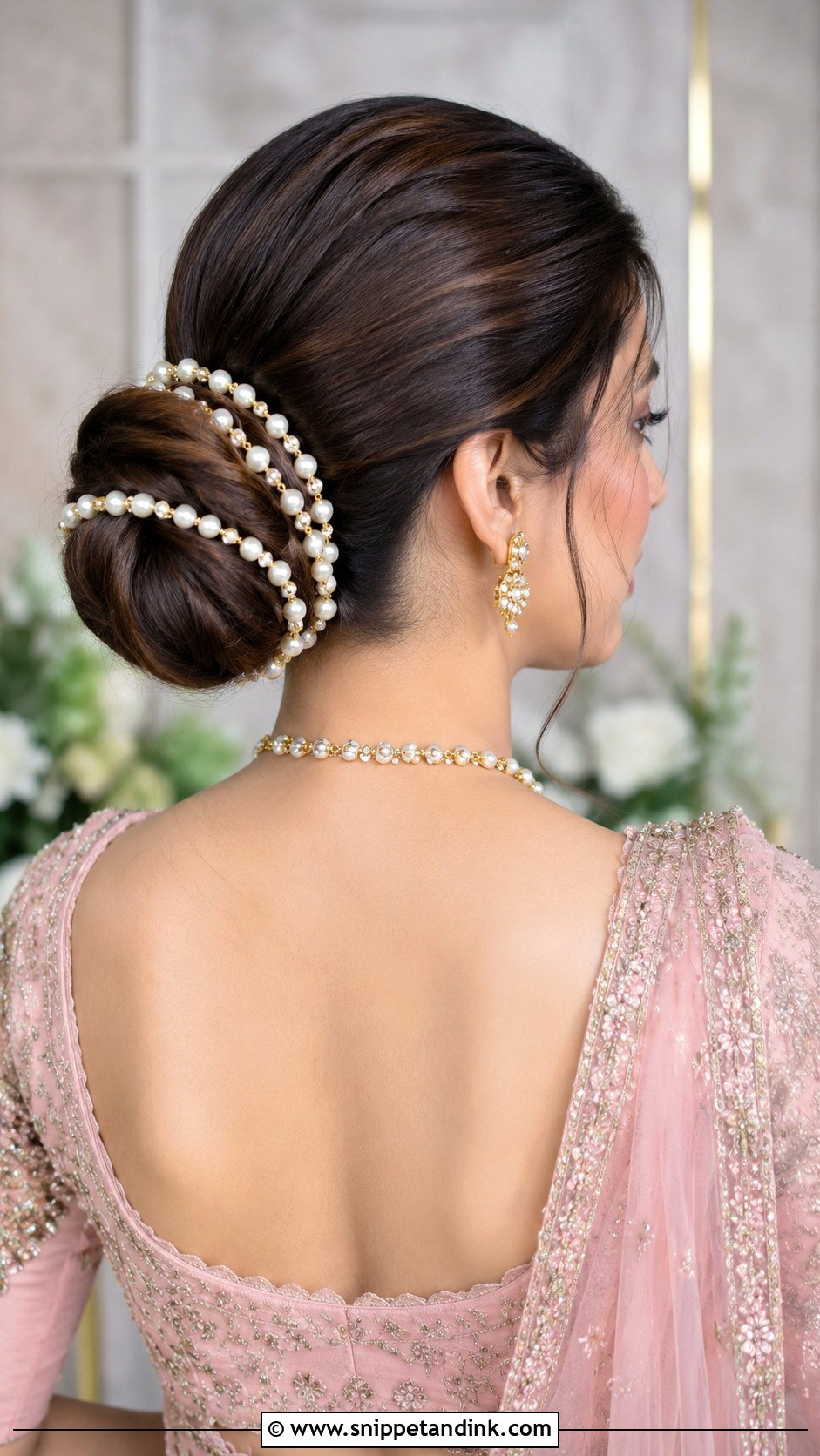 Pearl Embellished Bun for Bride - Snippet and Ink - 20 Hairstyle for Indian Bride Ideas
