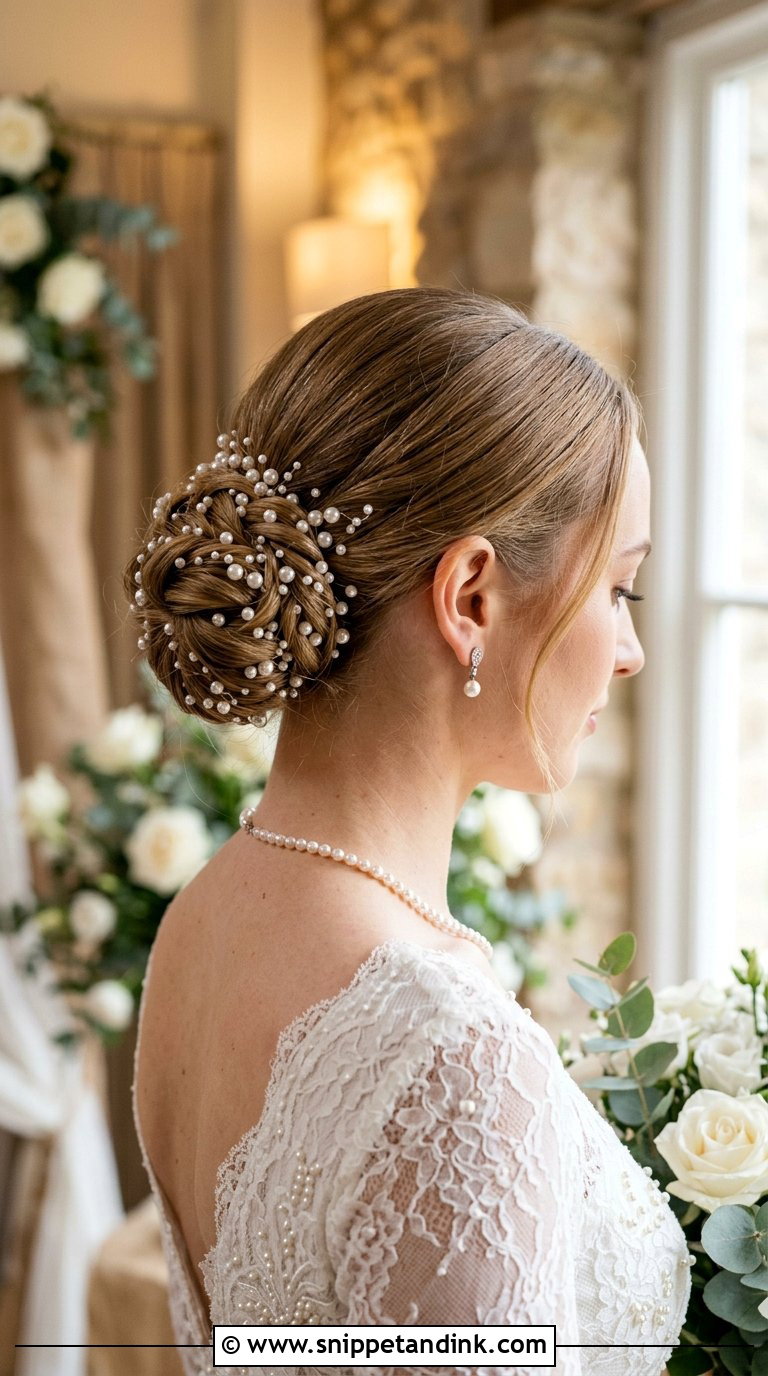 Pearl Embellished Bun for Wedding - Snippet and Ink - 20 Bun Hairstyle for Wedding Ideas