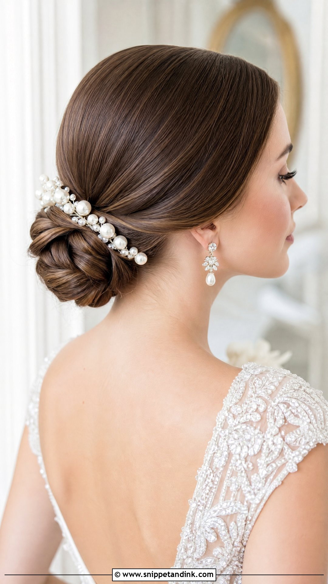 Pearl Embellished Chignon - Snippet and Ink - 20 Wedding Hair with Pearls Ideas