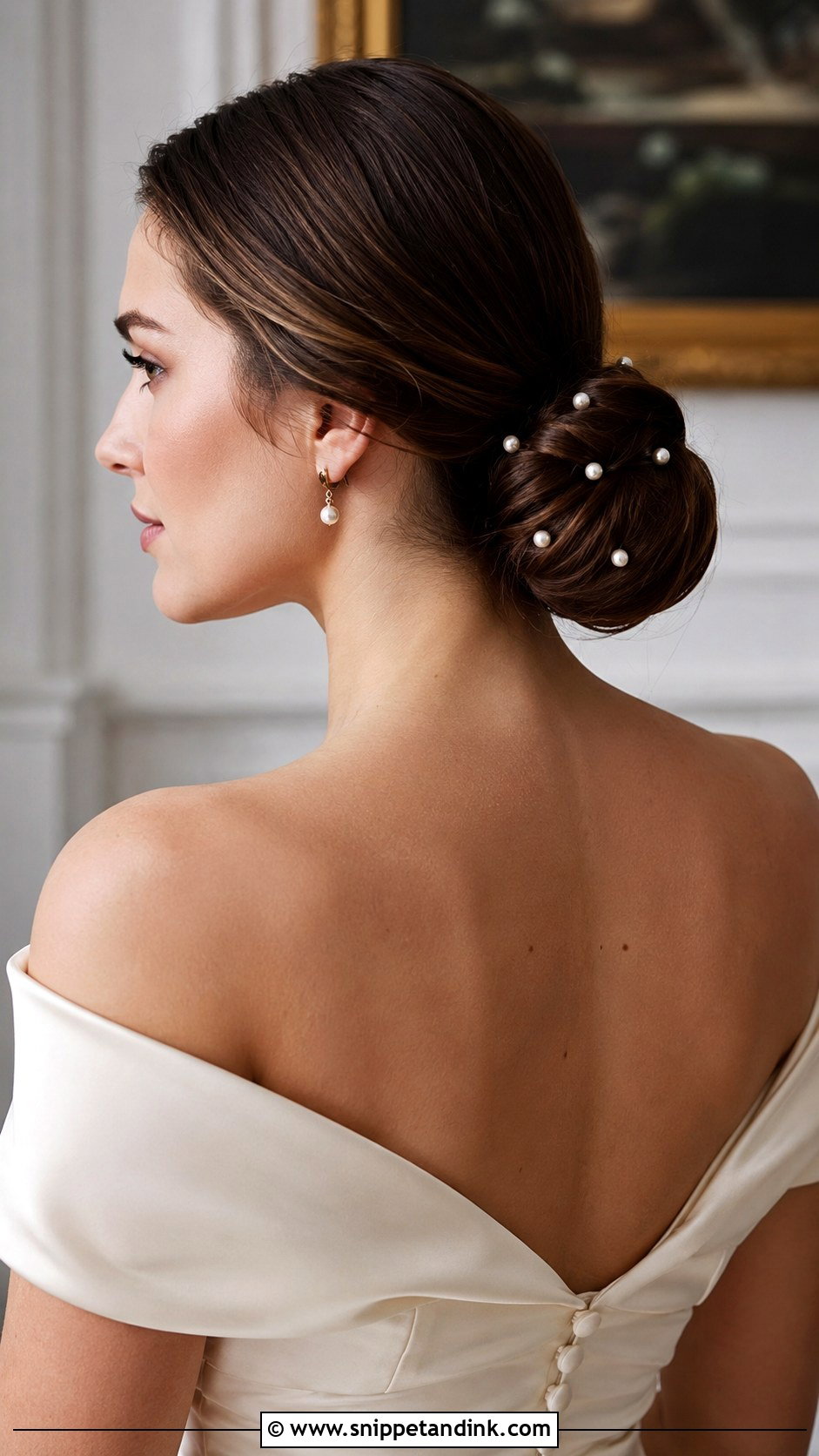 Pearl Embellished Low Bun - Snippet and Ink - 20 Pearl Wedding Hair Ideas