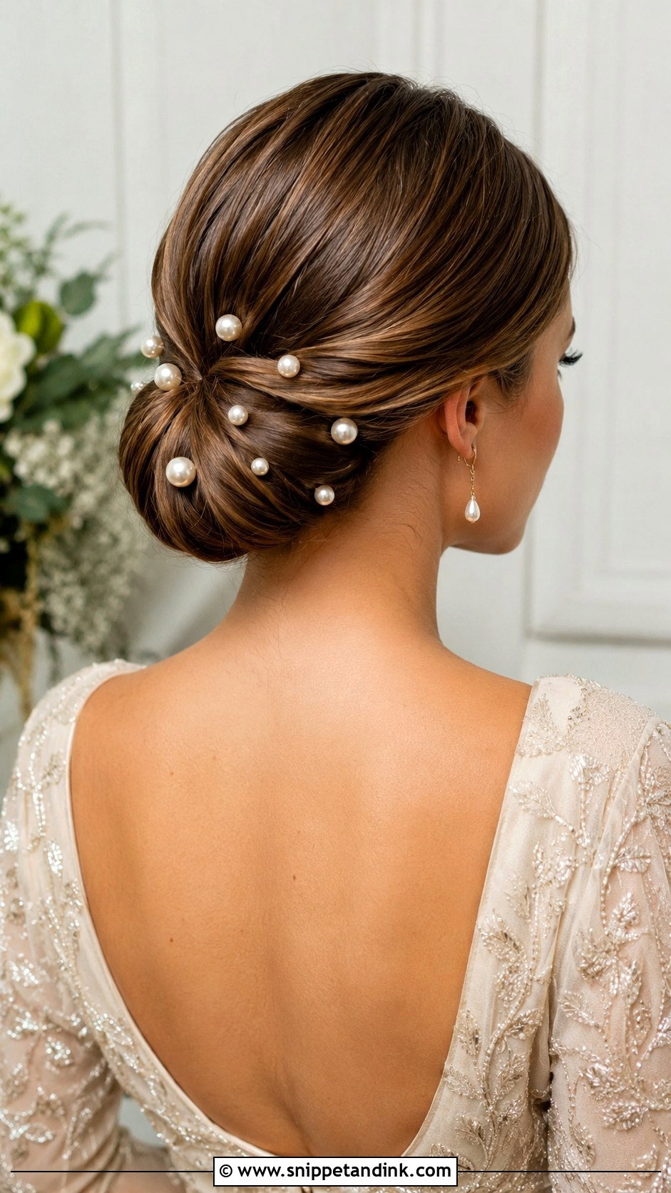 Pearl Embellished Low Bun - Snippet and Ink - 20 Wedding Guest Bun Hairstyles