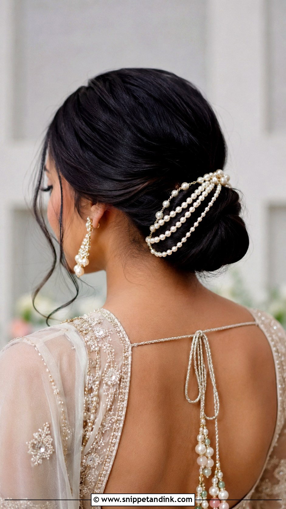 Pearl Embellished Low Bun for Weddings - Snippet and Ink - 25 Traditional Indian Weddings Bridal Hairstyles