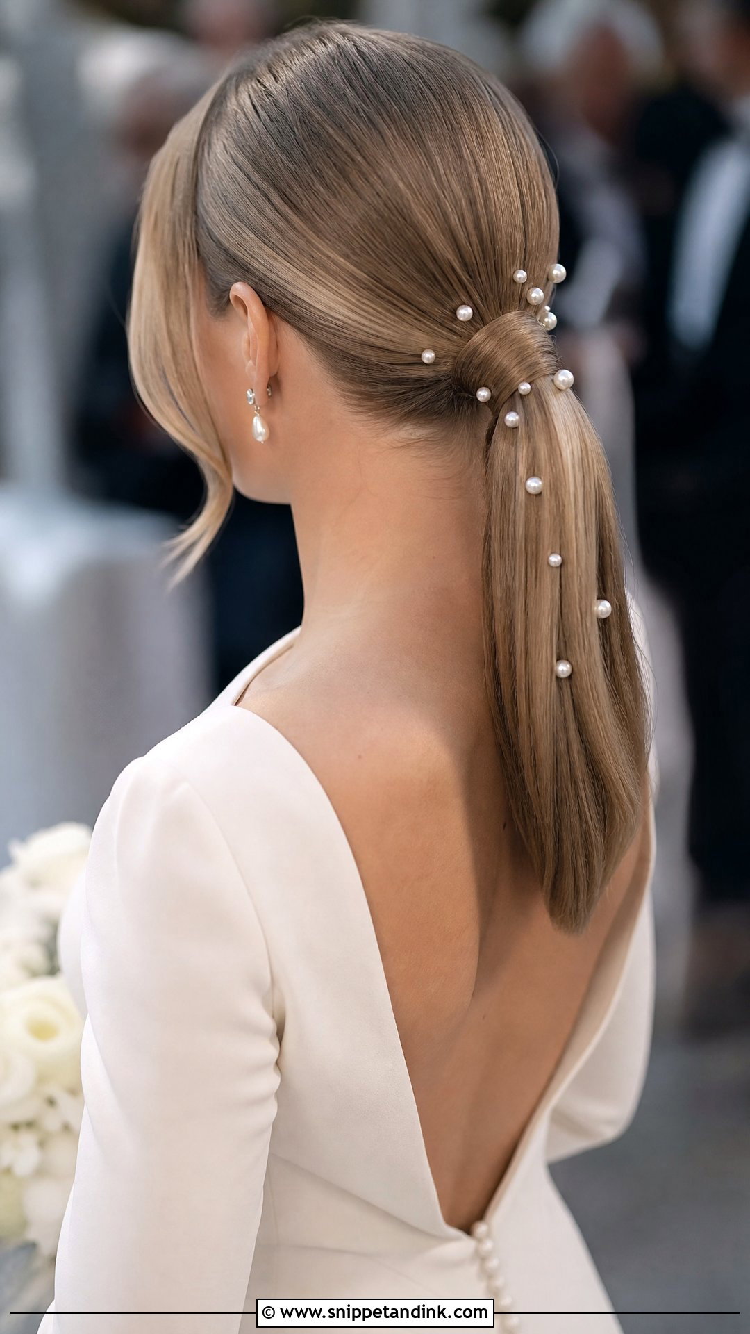 Pearl Embellished Ponytail Wedding Hairstyle - Snippet and Ink - 30 Elegant Ponytail Wedding Hairstyles