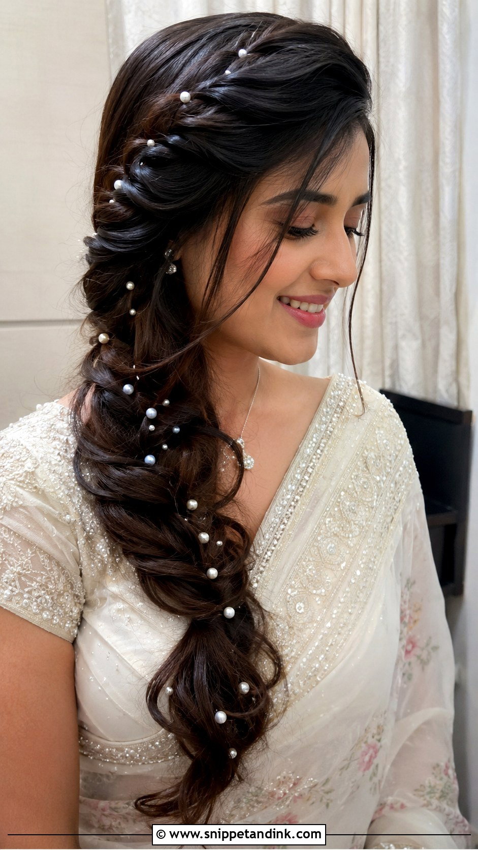 Pearl Embellished Waterfall Braid - Snippet and Ink - 20 Indian Wedding Waterfall Hairstyle Ideas