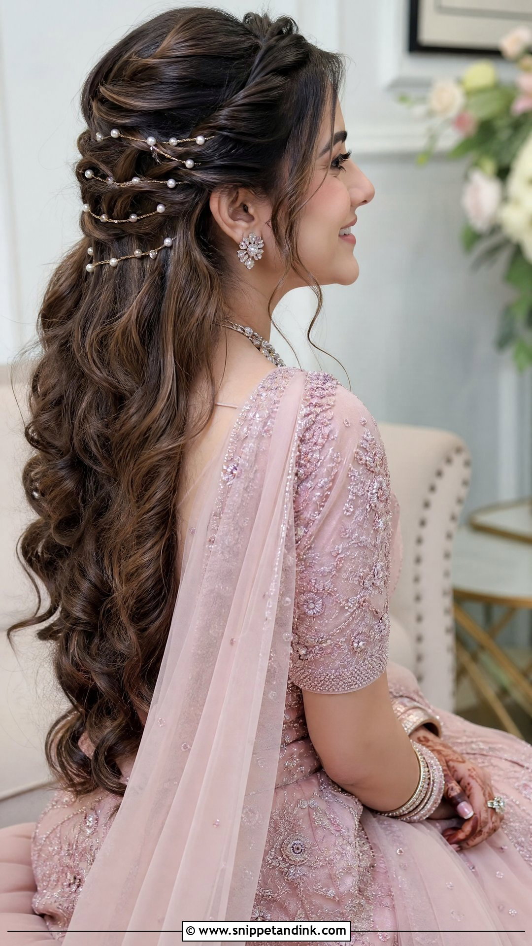 Pearl Embellished Waterfall Braid - Snippet and Ink - 20 Indian Bridal Braids for Long Hair