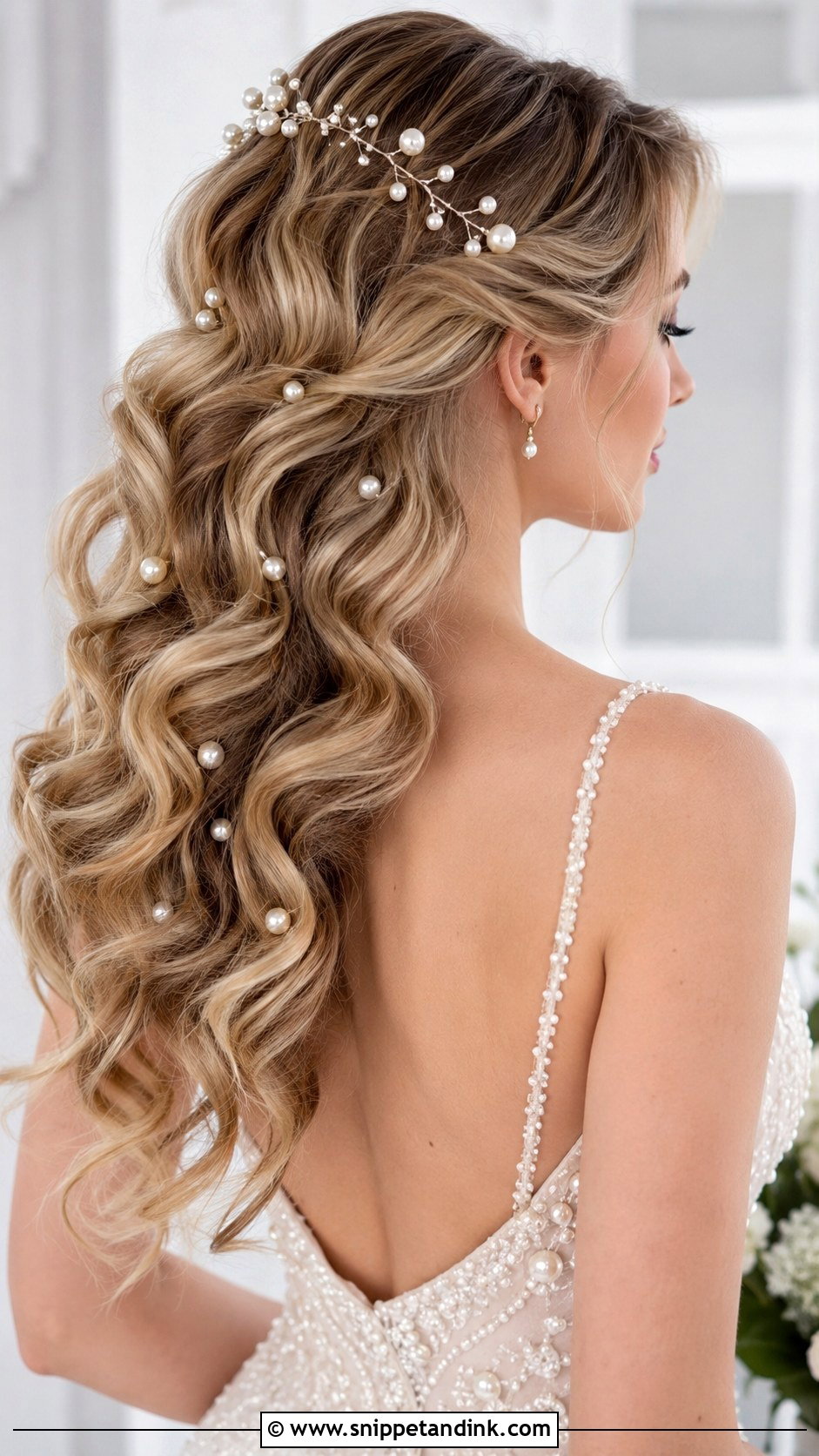 Pearl Embellished Waves Wedding Hairstyle - Snippet and Ink - 30 Open Hair Wedding Hairstyles