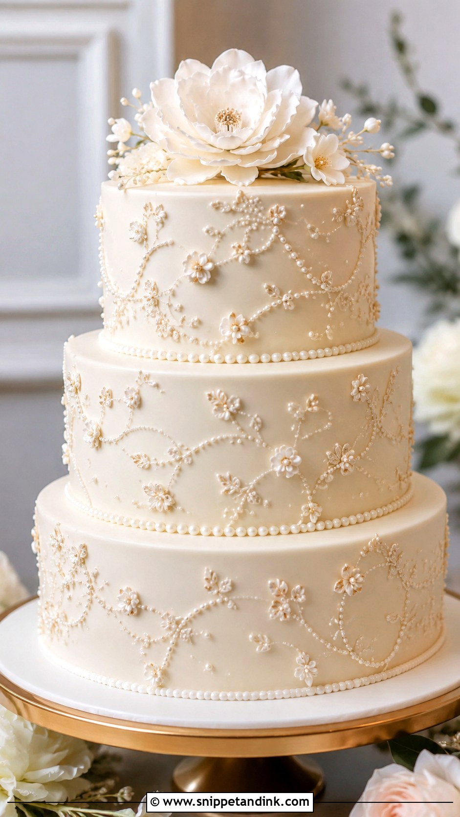 Pearl Embroidery Wedding Cake - Snippet and Ink - 20 Embroidery Cake Design Ideas for Wedding