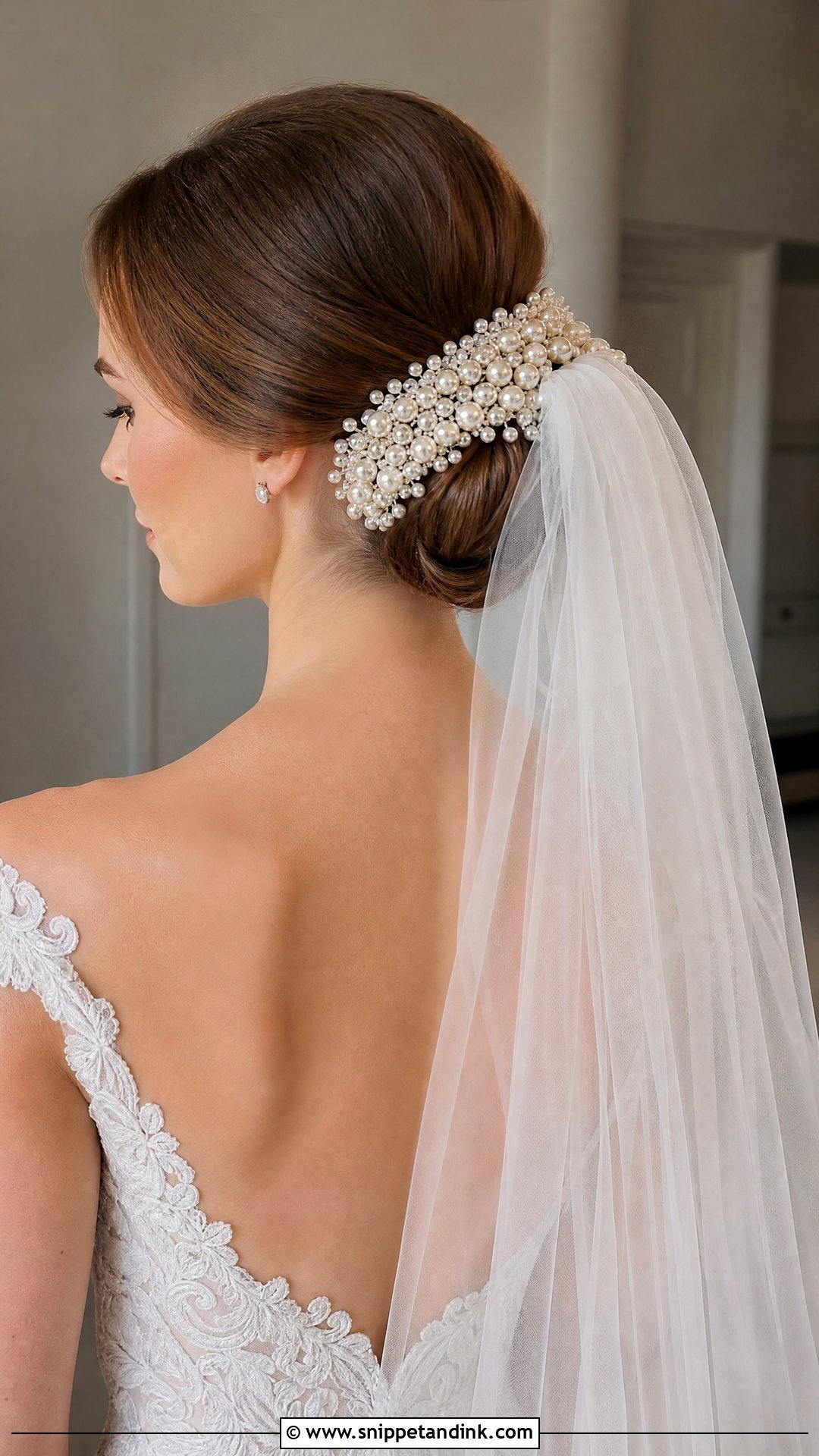 Pearl Encrusted Bridal Bun With Veil - Snippet and Ink - 20 Wedding Hair with Pearls Ideas