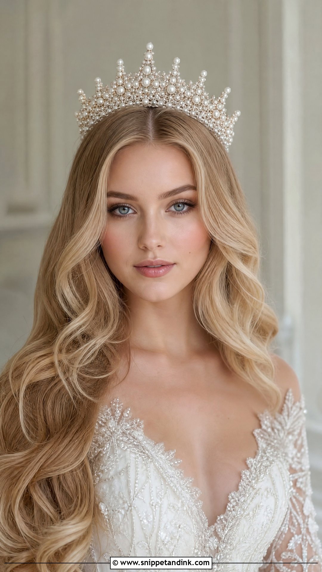 Pearl Encrusted Crown with Down Hair - Snippet and Ink - 20 Pearls in Hair Wedding Ideas