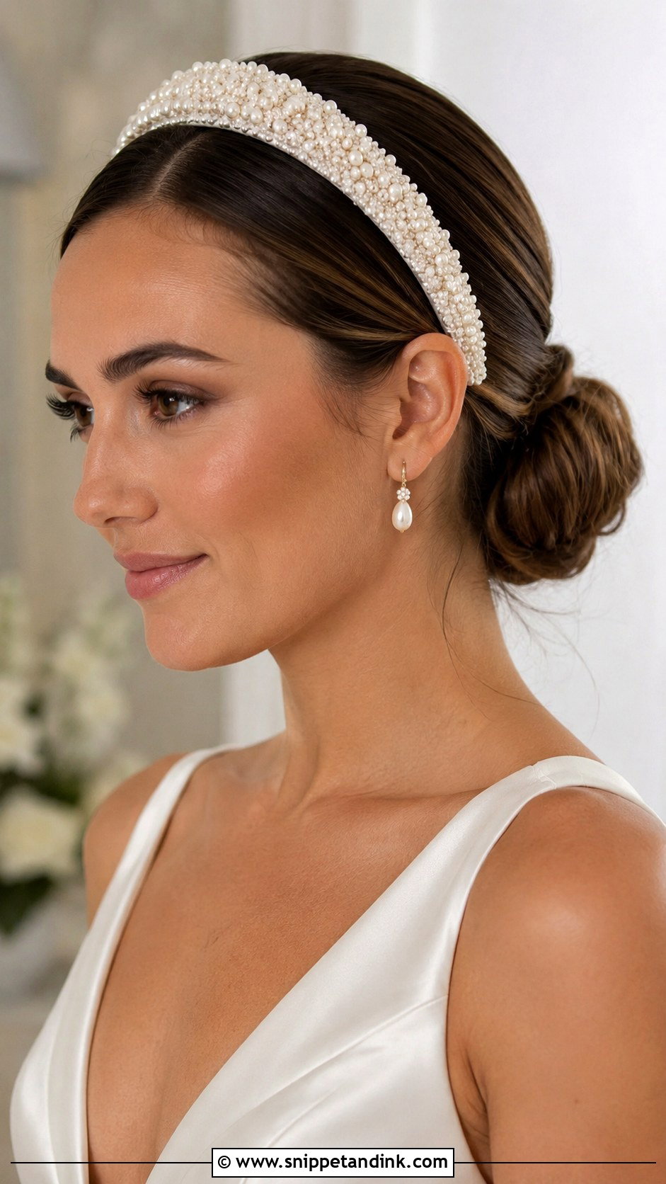 Pearl Encrusted Headband With Low Bun - Snippet and Ink - 20 Bridal Hair Pearls Ideas