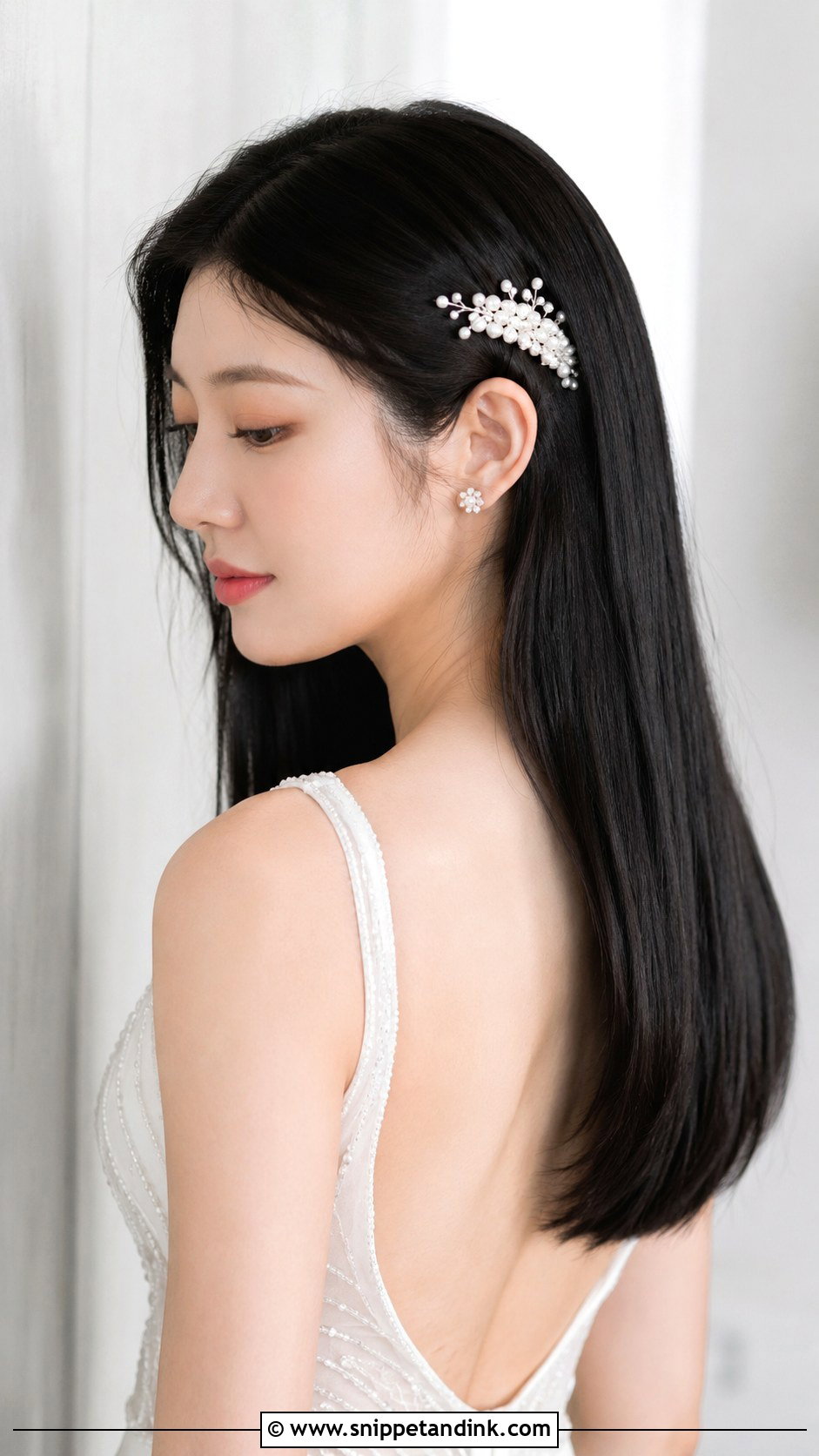 Pearl Hair Comb With Sleek Straight Hair - Snippet and Ink - 20 Pearl Wedding Hair Ideas