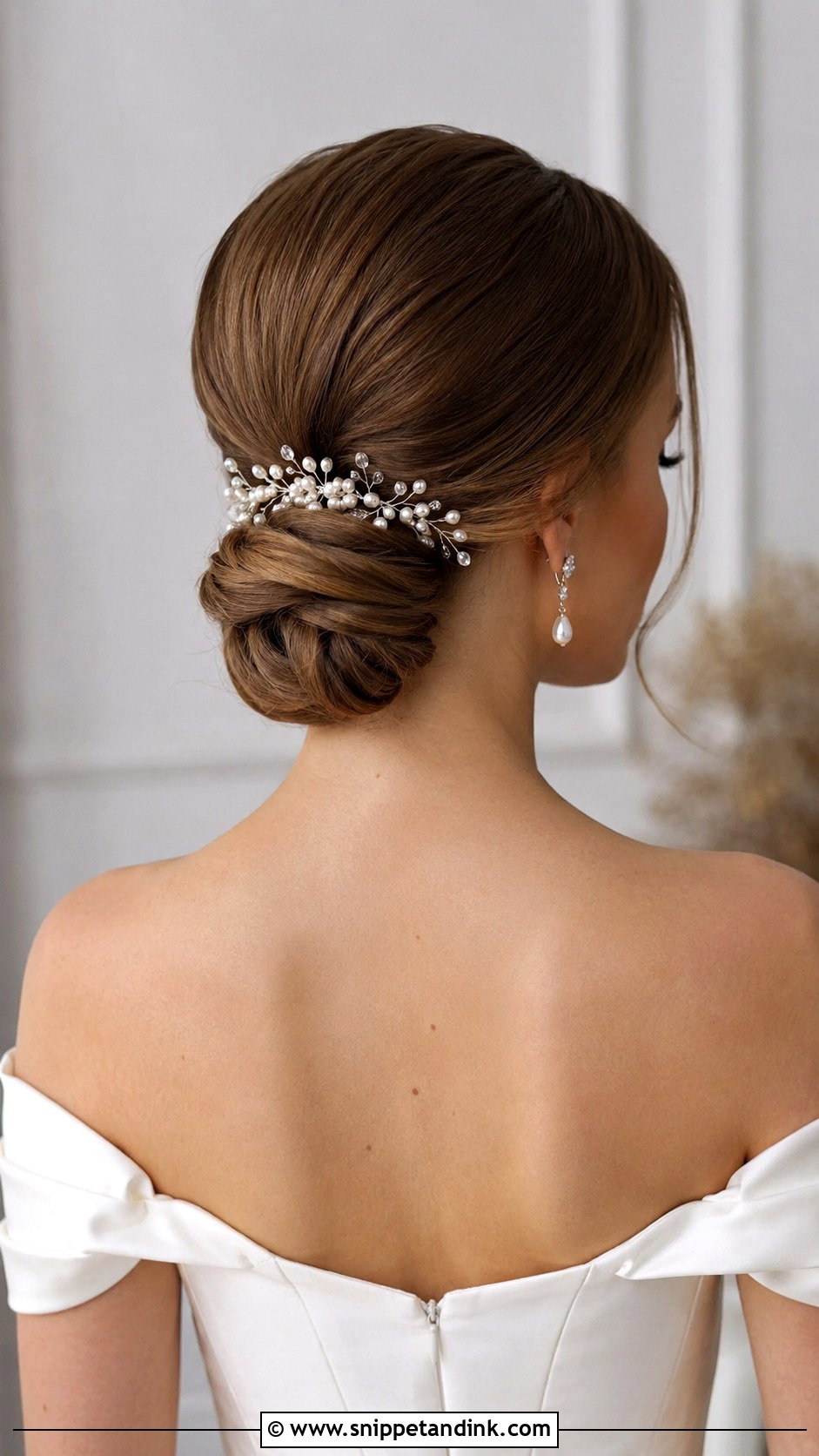 Pearl Hair Vine With Low Bun - Snippet and Ink - 20 Bridal Hair Vine Ideas
