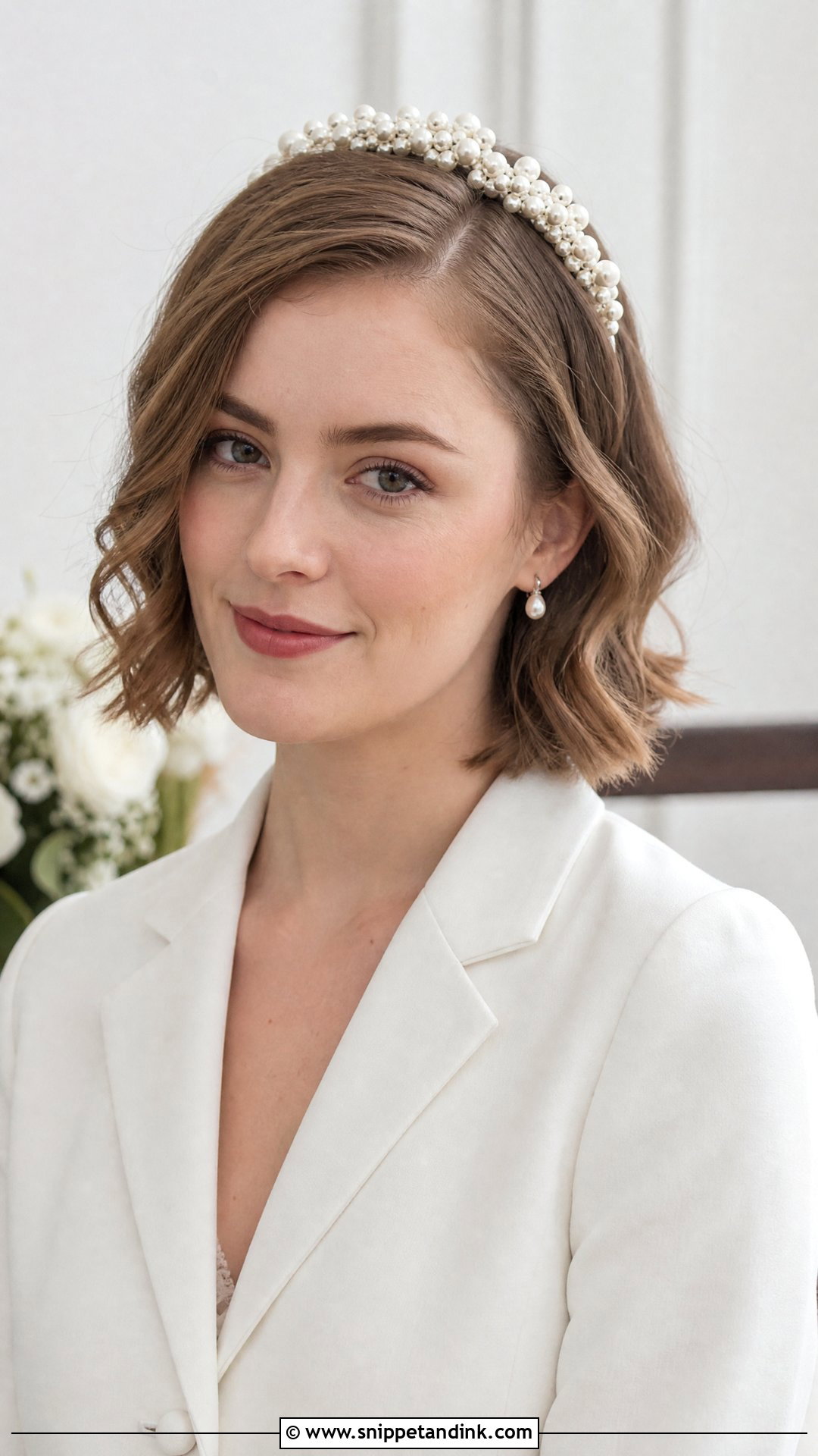 Pearl Headband Crown With Short Hair - Snippet and Ink - 15 Bride Hair Crown Ideas