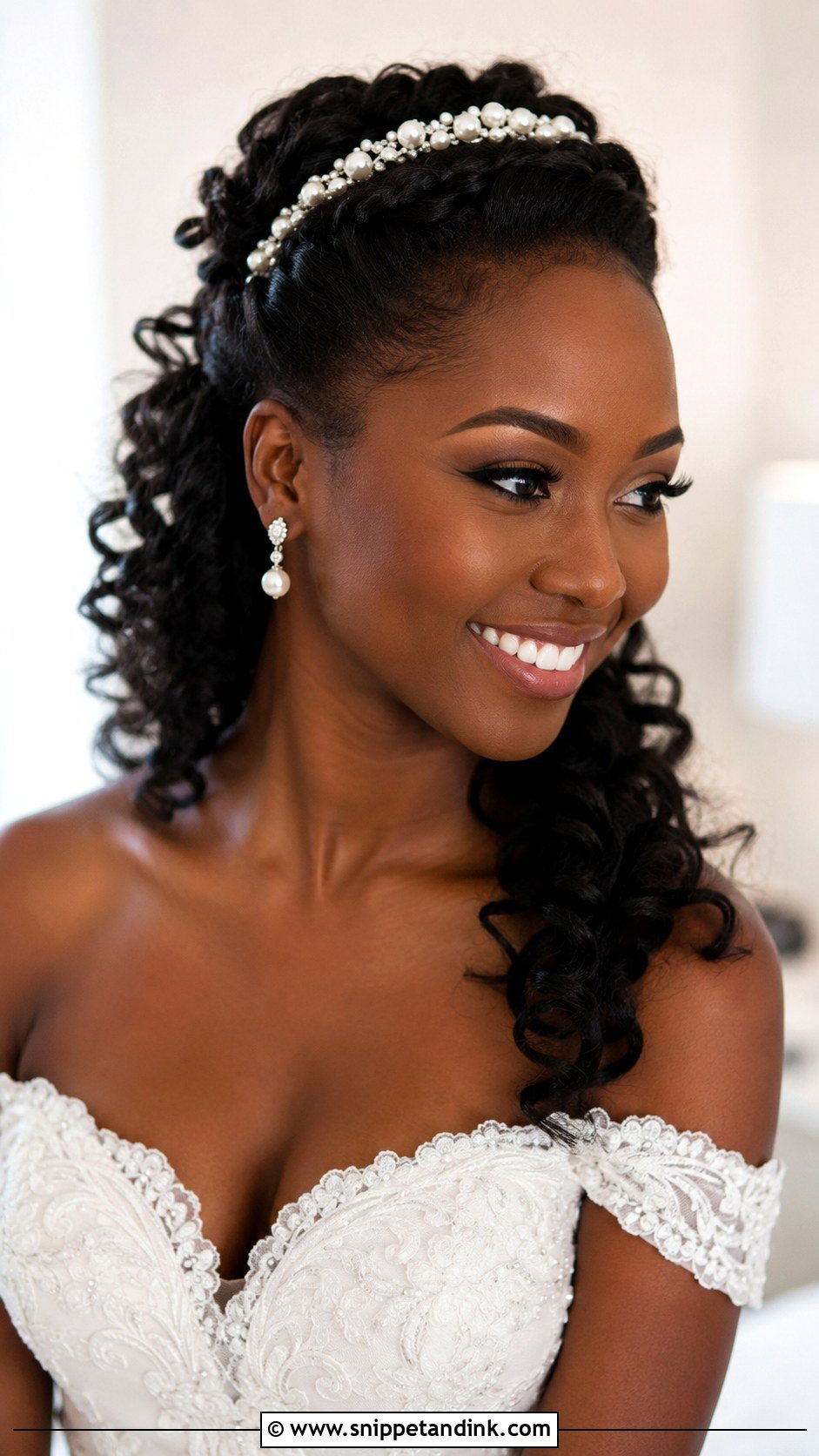 Pearl Headband Half Updo - Snippet and Ink - 20 Afro Wedding Hair Ideas