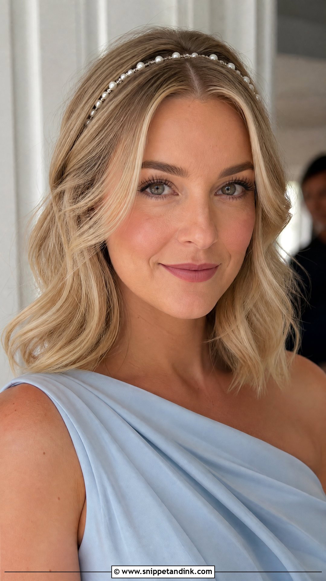 Pearl Headband Shoulder Length Wedding Guest Hairstyle - Snippet and Ink - 20 Shoulder Length Wedding Guest Hairstyles