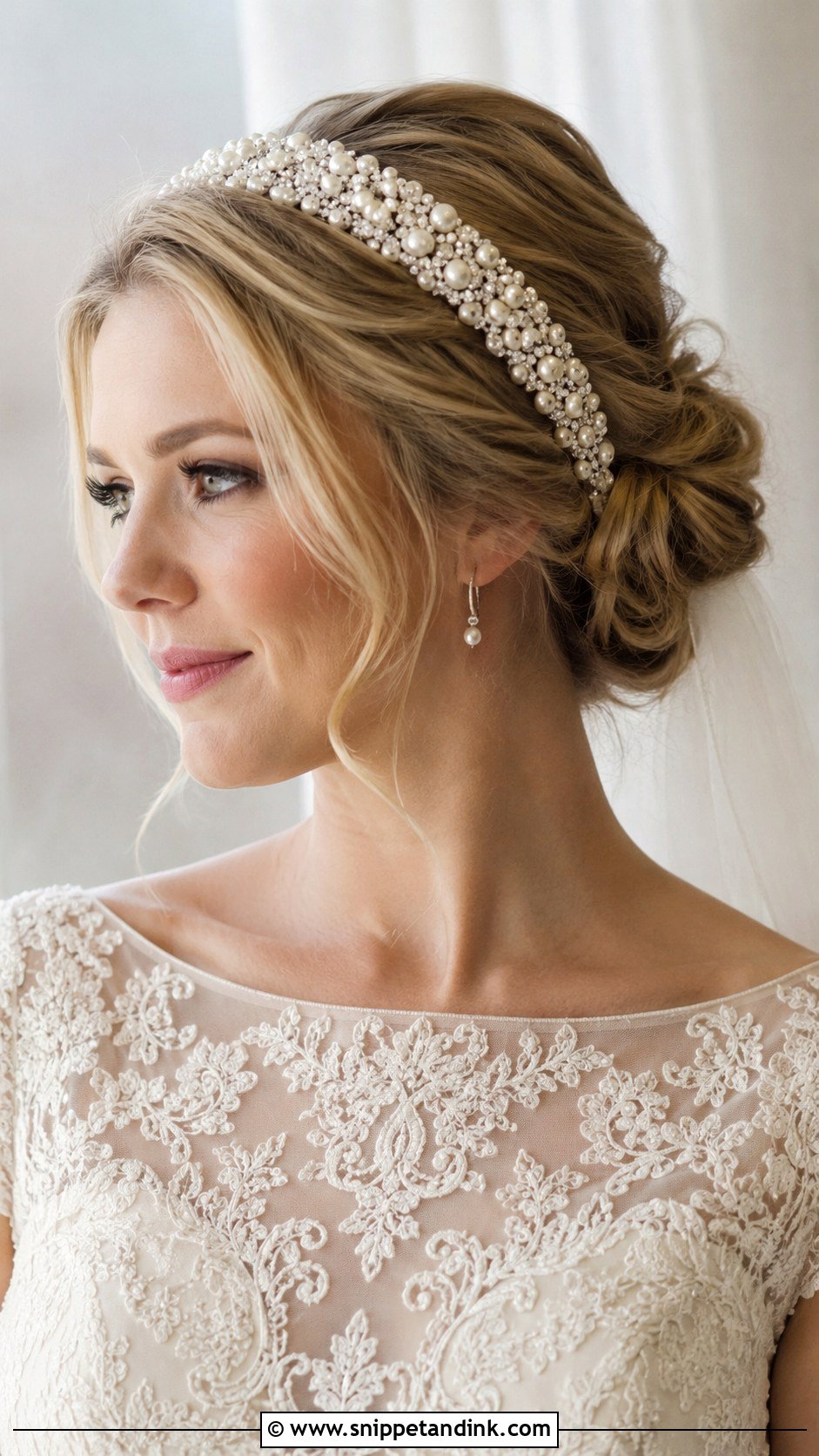 Pearl Headband Updo - Snippet and Ink - 20 Old Money Bridal Hair Ideas