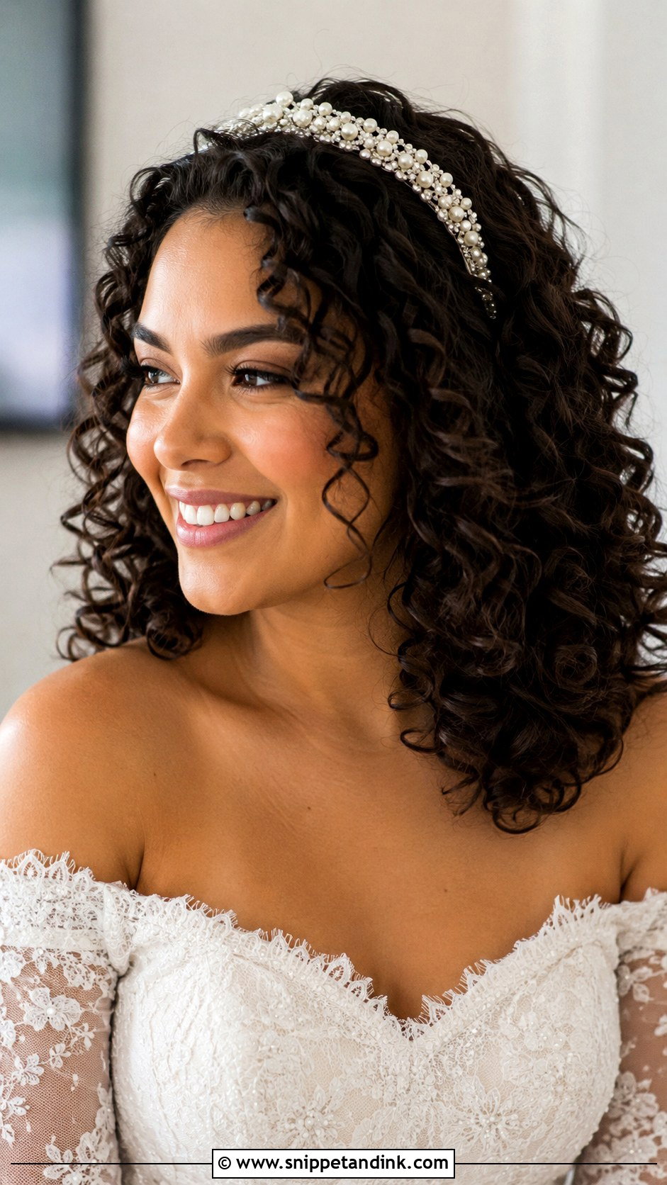 Pearl Headband Wedding Hair With Curly Hair - Snippet and Ink - 15 Pearl Headband Wedding Hair Ideas