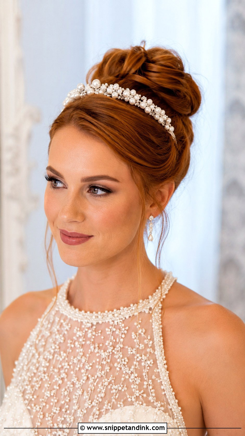Pearl Headband Wedding Hair With High Bun - Snippet and Ink - 15 Pearl Headband Wedding Hair Ideas
