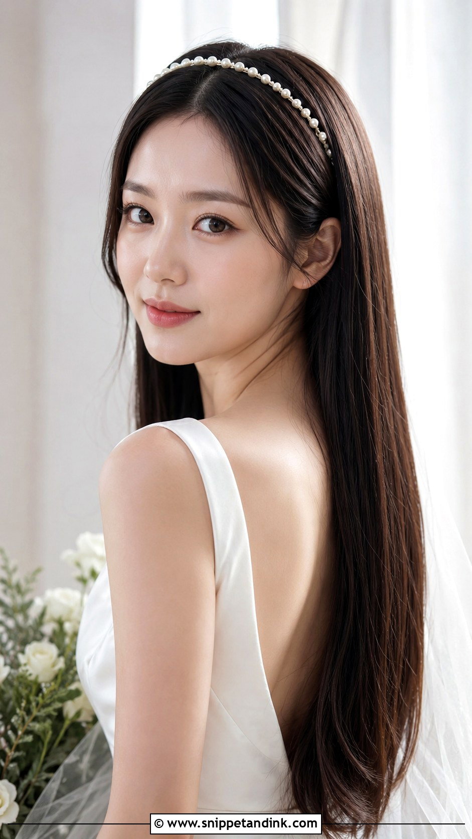 Pearl Headband Wedding Hair With Long Straight Hair - Snippet and Ink - 15 Pearl Headband Wedding Hair Ideas