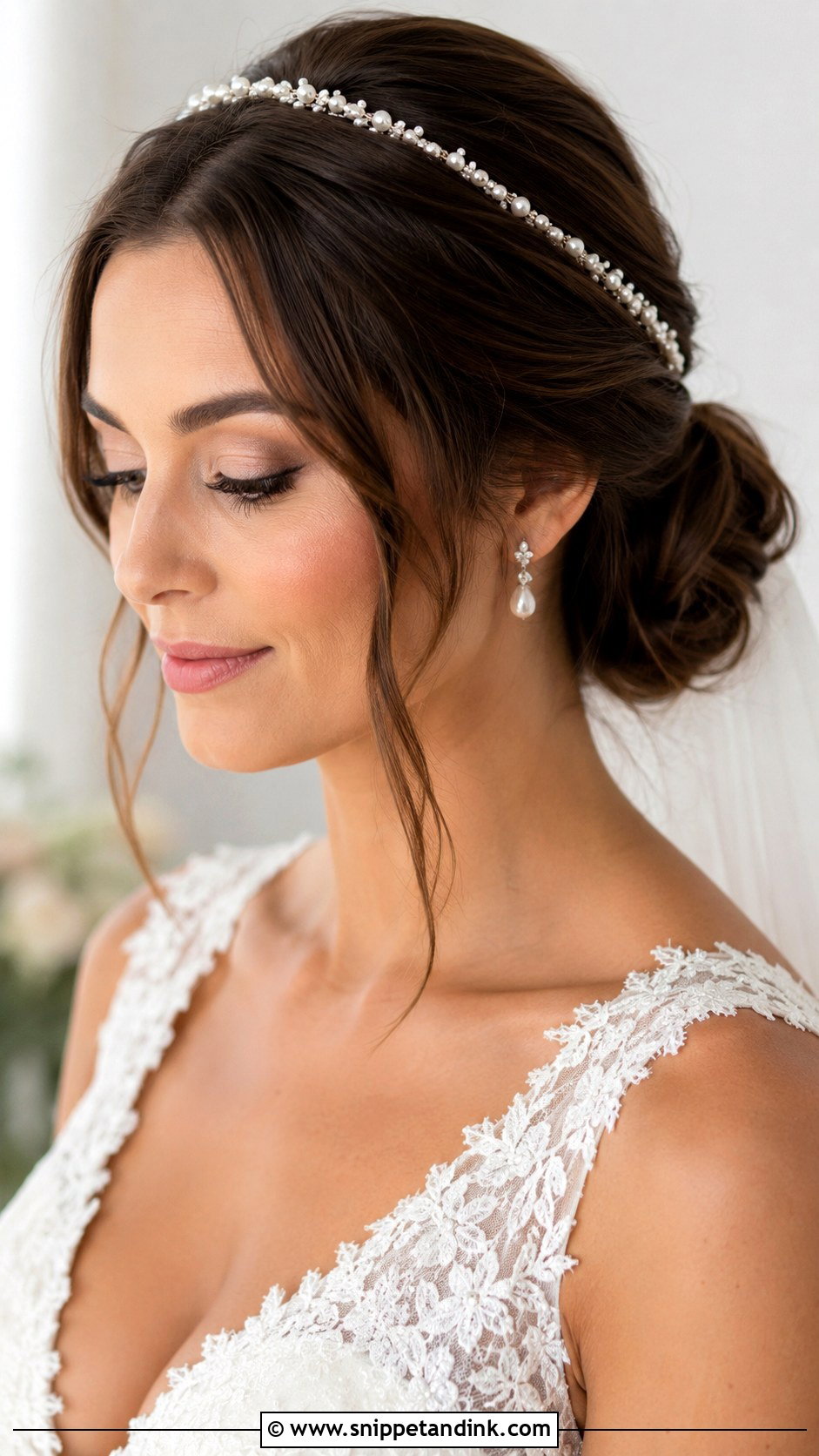 Pearl Headband Wedding Hair With Low Bun - Snippet and Ink - 15 Pearl Headband Wedding Hair Ideas