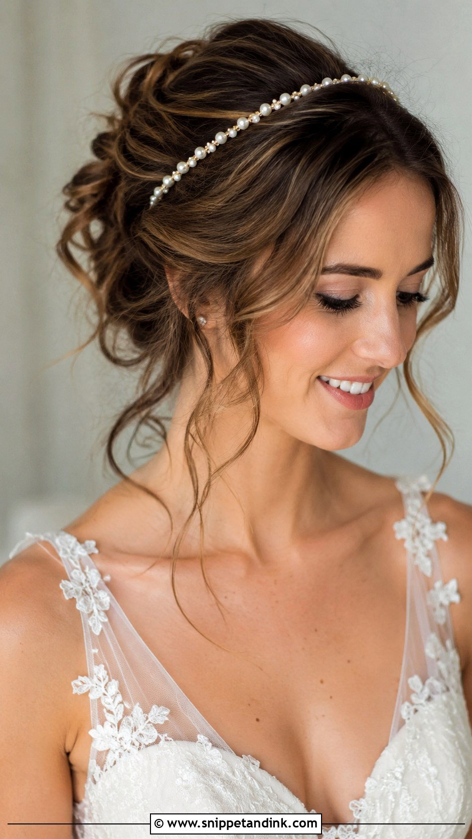 Pearl Headband Wedding Hair With Messy Updo - Snippet and Ink - 15 Pearl Headband Wedding Hair Ideas