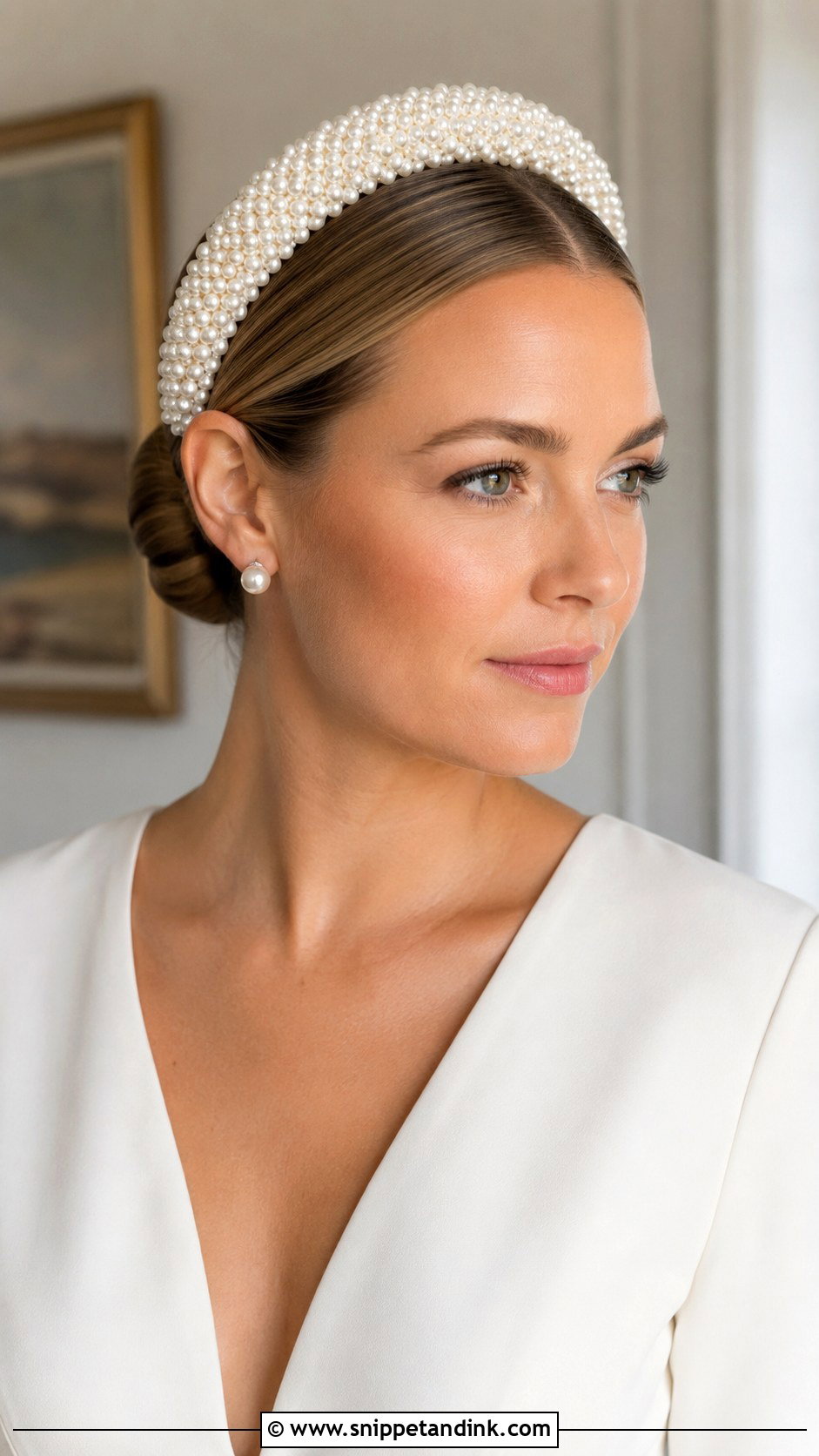 Pearl Headband Wedding Hair With Sleek Bun - Snippet and Ink - 15 Pearl Headband Wedding Hair Ideas