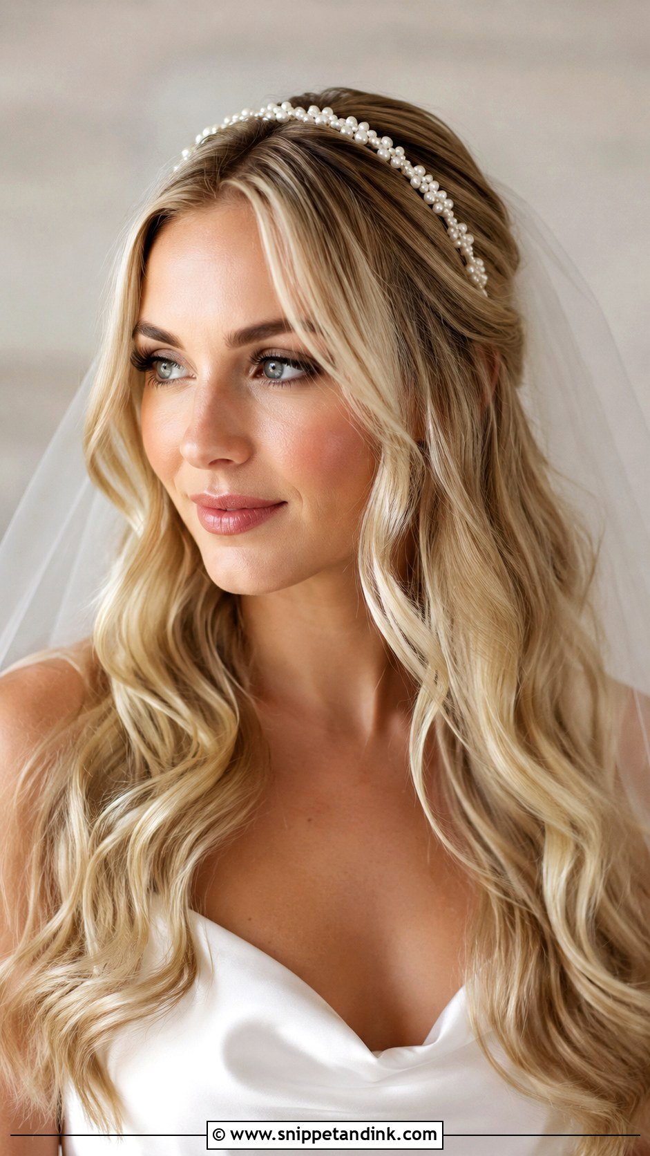 Pearl Headband Wedding Hair With Soft Waves - Snippet and Ink - 15 Pearl Headband Wedding Hair Ideas