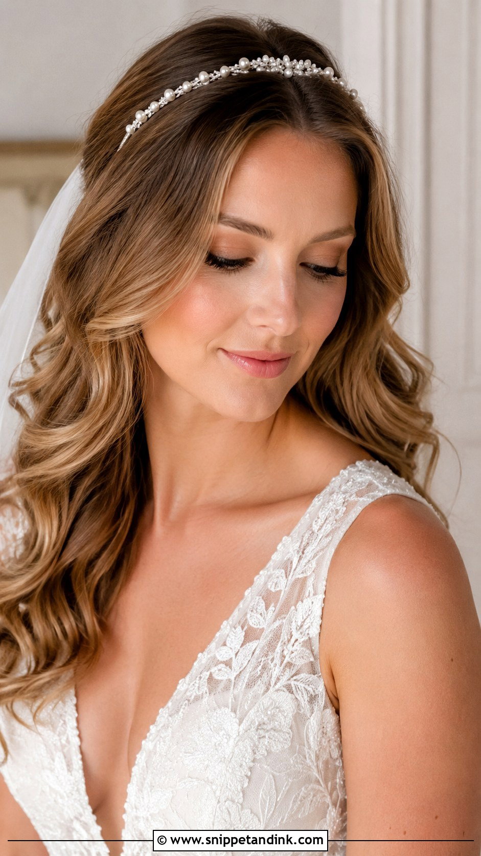 Pearl Headband With Loose Waves - Snippet and Ink - 20 Bridal Headband with Hair Down Ideas