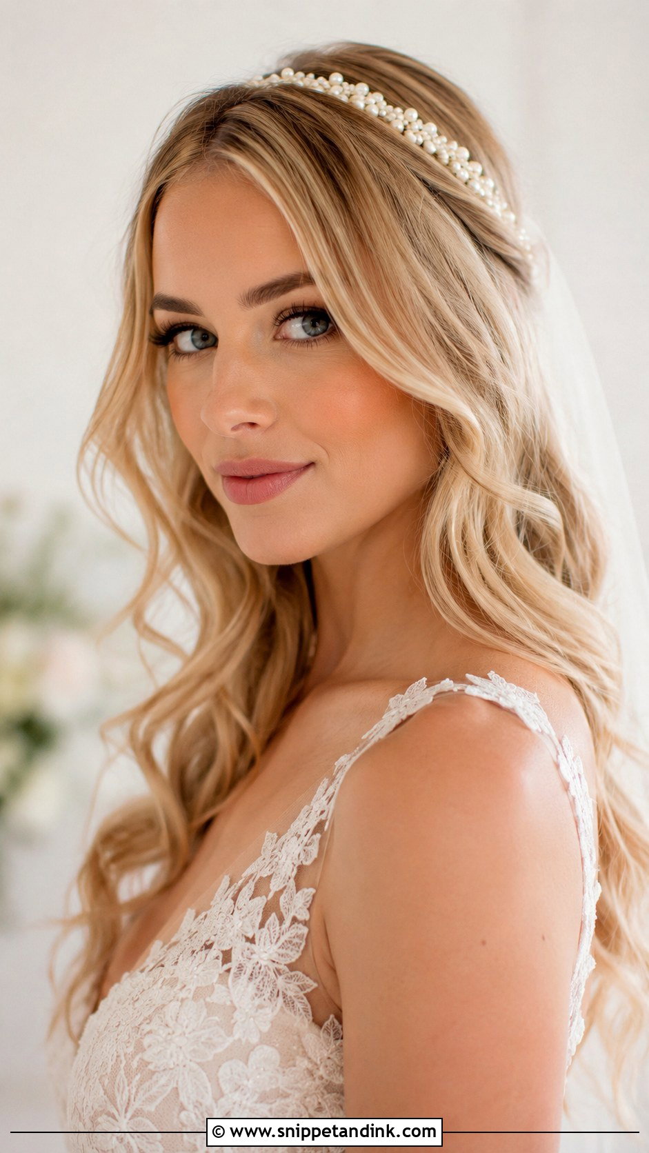 Pearl Headband With Loose Waves - Snippet and Ink - 25 Wedding Hair with Headband Ideas