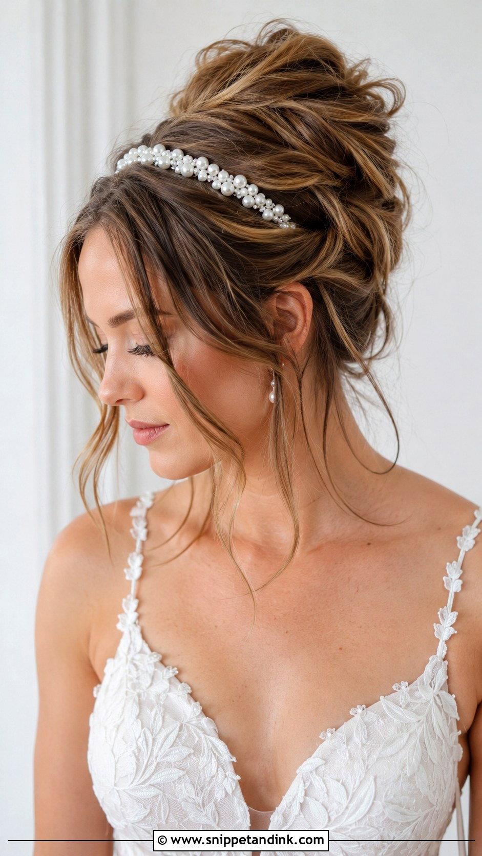 Pearl Headband With Messy Bun - Snippet and Ink - 20 Wedding Hair Headband Ideas