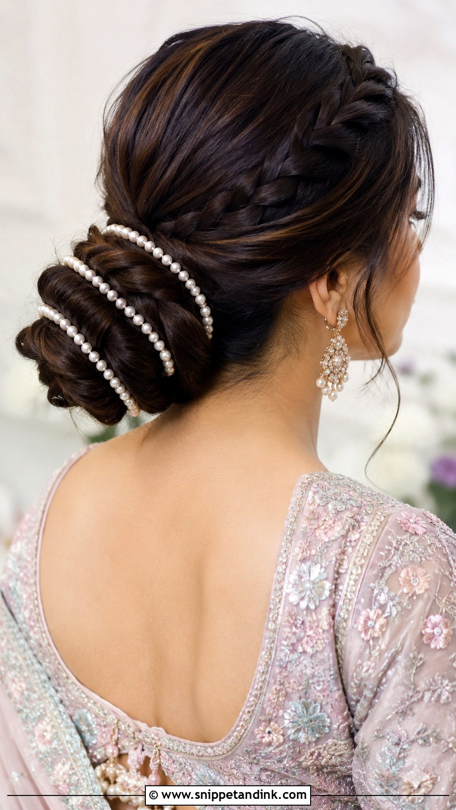 Pearl Lined Braided Bun - Snippet and Ink - 30 Indian Hairstyle for Wedding Ideas