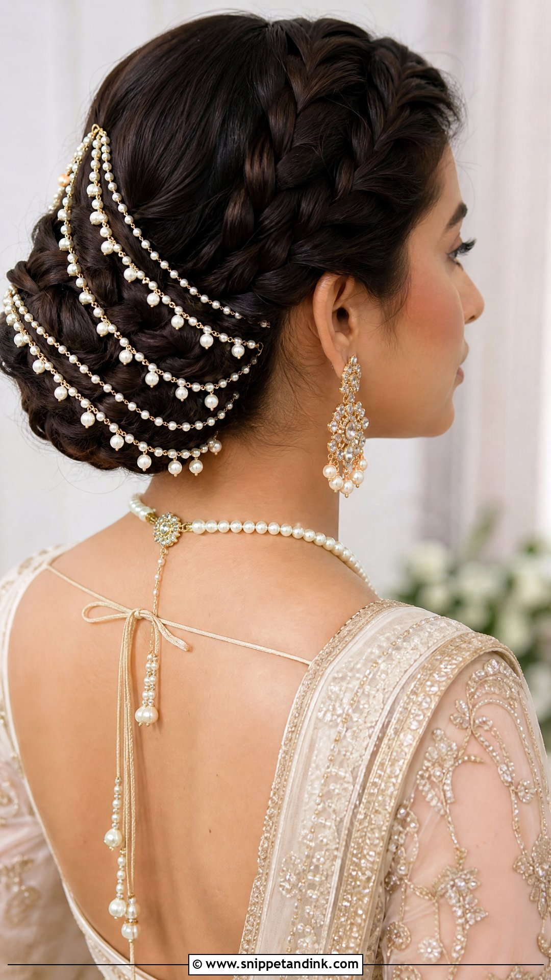 Pearl Lined Braided Bun - Snippet and Ink - 20 Hindu Wedding Hairstyles
