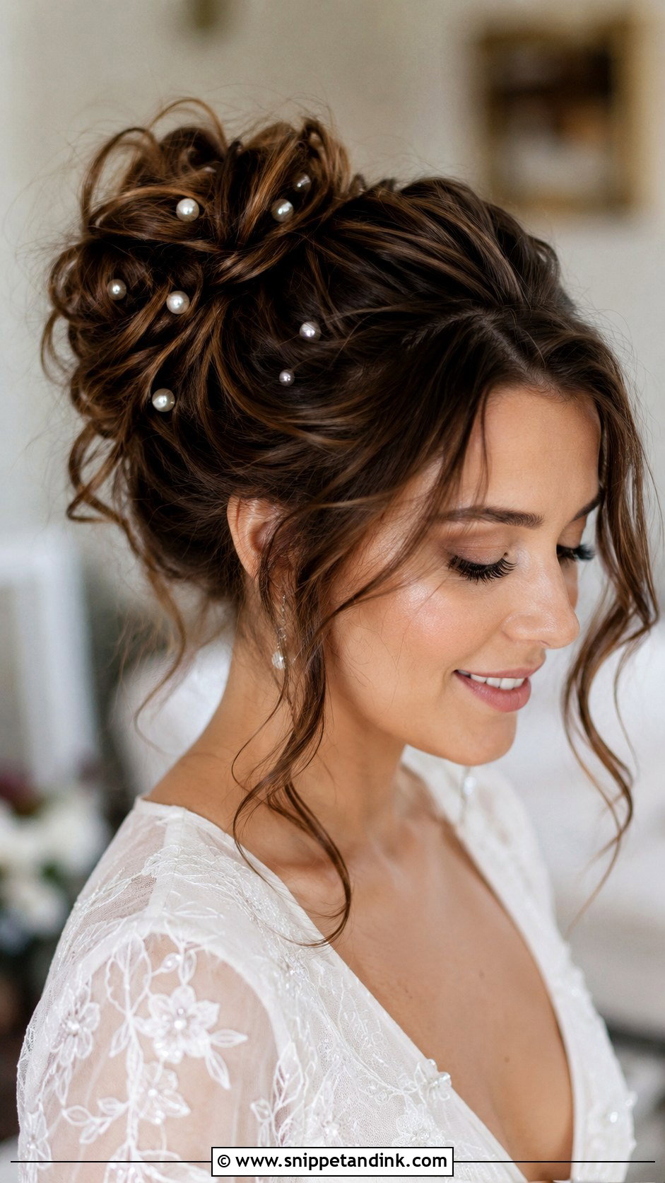 Pearl Messy Bun Bridal Look - Snippet and Ink - 25 Bridal Hair with Pearls Ideas