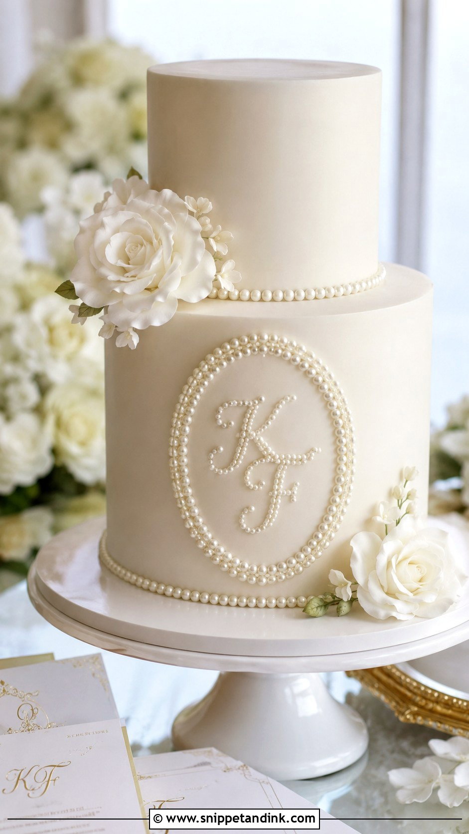 Pearl Monogram Wedding Cake - Snippet and Ink - 20 Cakes with Pearls for Wedding