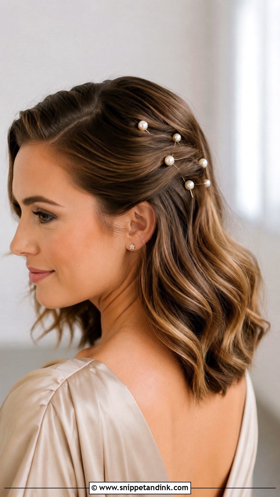 Pearl Pin Bridesmaid Hairstyle for Medium Hair - Snippet and Ink - 20 Bridesmaid Hairstyles for Medium Hair