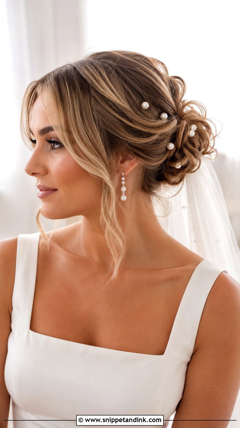 Pearl Pin Bun Wedding Hairstyle For Square Neckline - Snippet and Ink - 15 Wedding Hairstyles for Square Neckline
