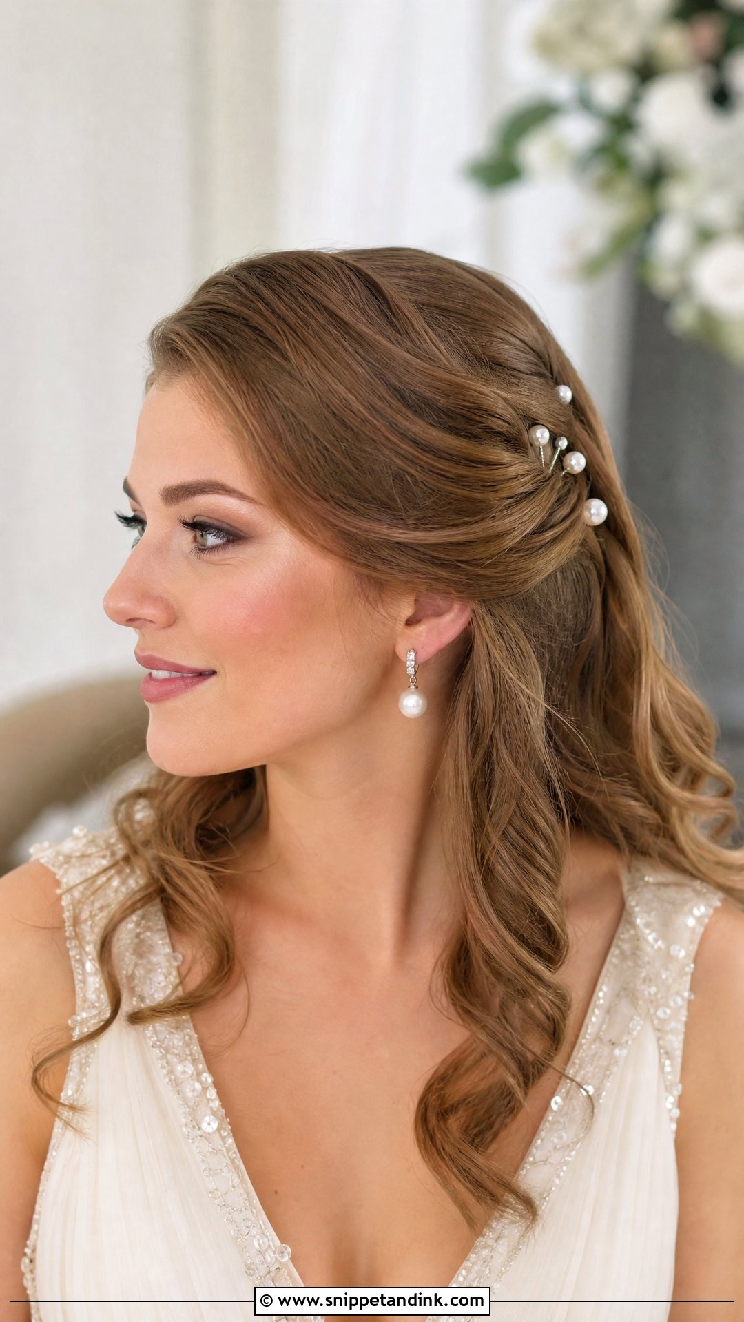 Pearl Pin Open Hair Wedding Hairstyle - Snippet and Ink - 15 Front Hairstyles for Open Hair Wedding