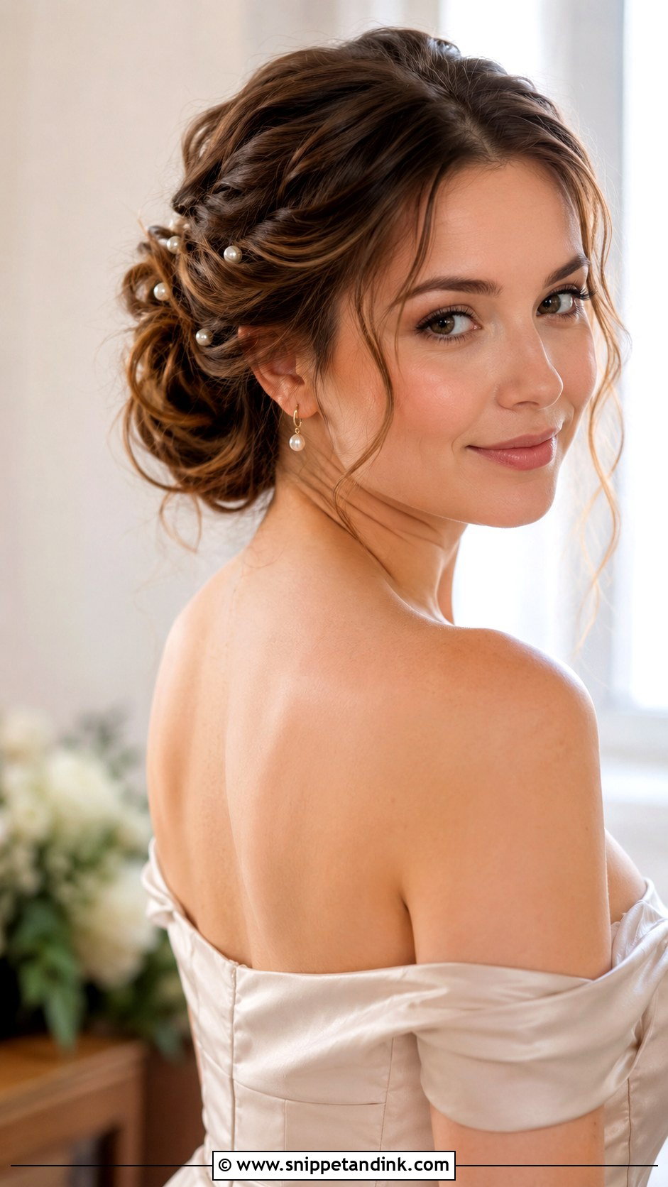 Pearl Pin Updo Bridesmaid Hairstyle With Off Shoulder Dress - Snippet and Ink - 20 Bridesmaid Hairstyles with Off Shoulder Dress