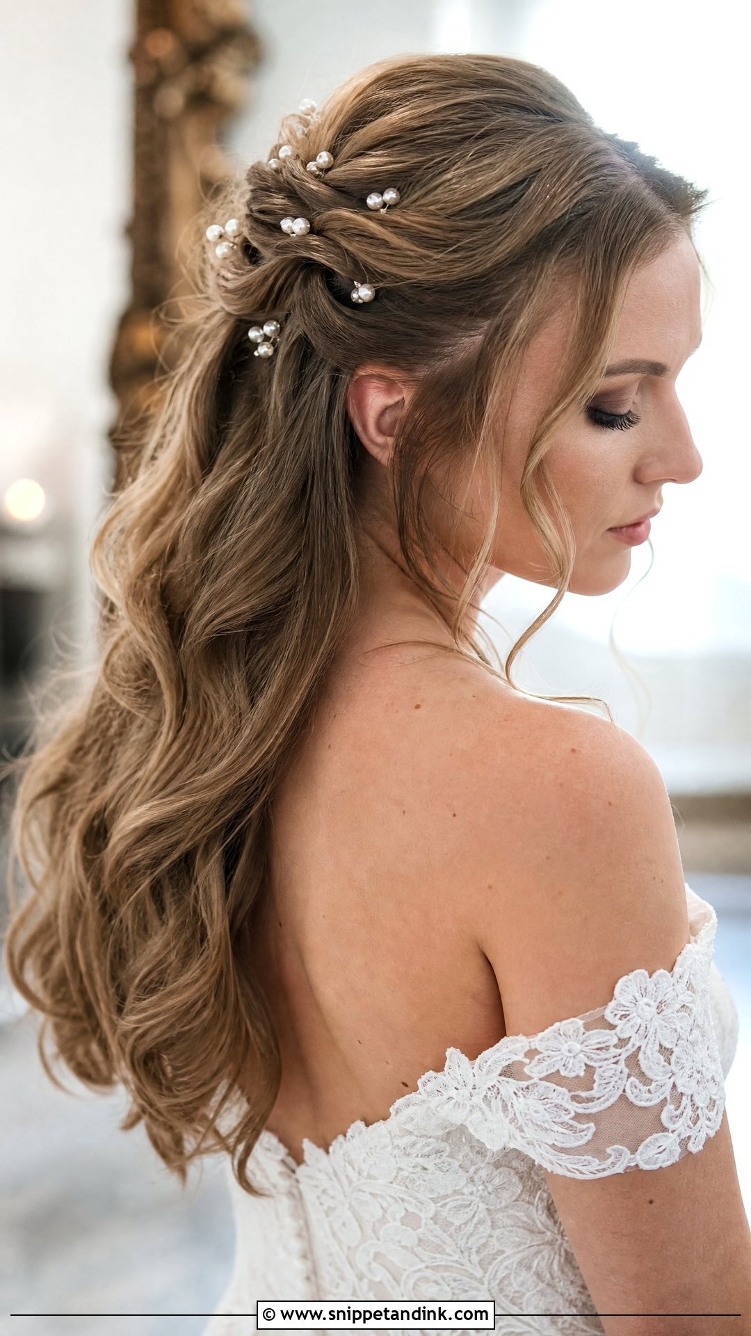 Pearl Pin Wedding Hairstyle For Off The Shoulder Dress - Snippet and Ink - 20 Off the Shoulder Wedding Hairstyles