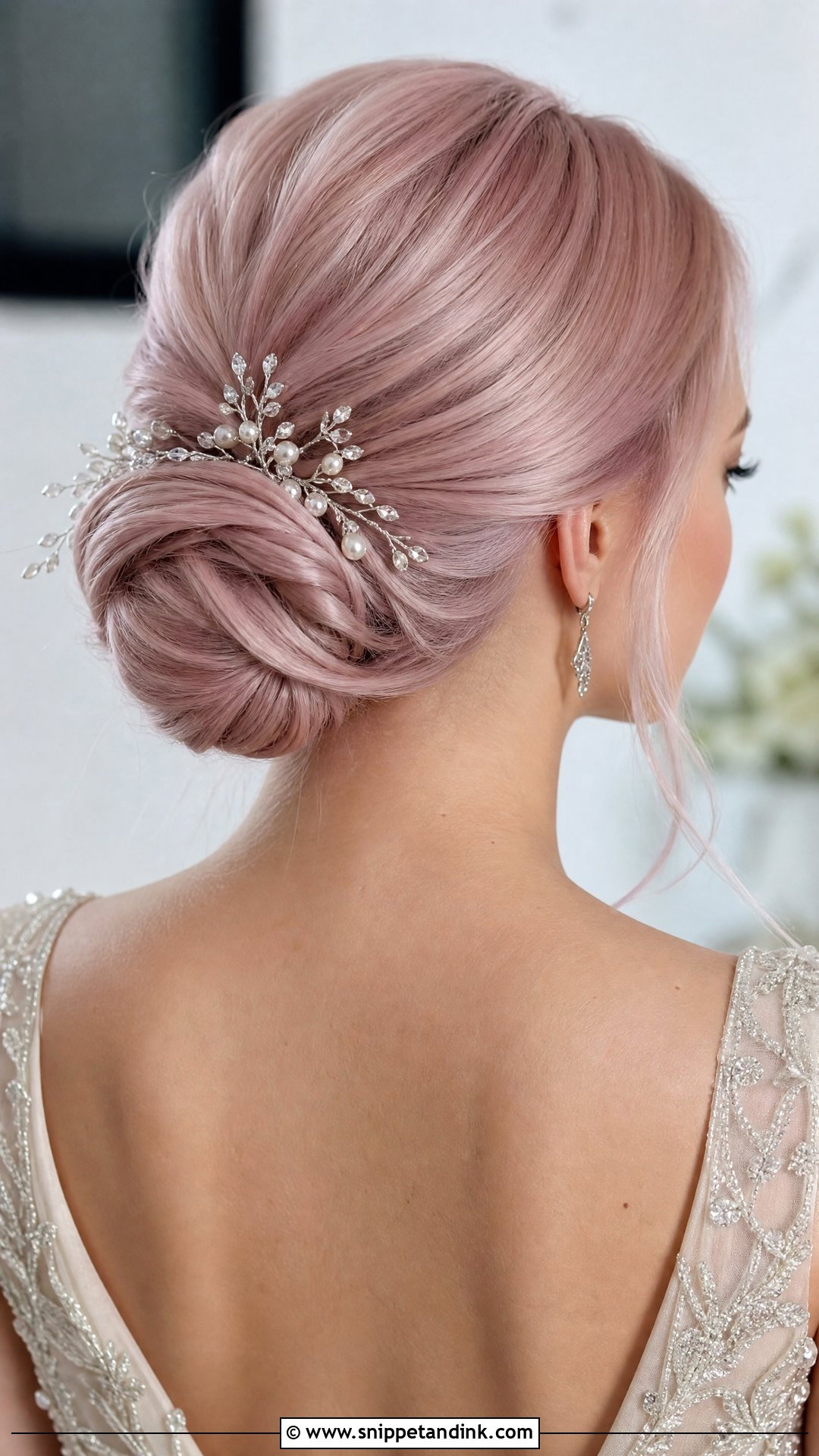 Pearl Pink Chignon - Snippet and Ink - 20 Pink Hair Wedding Ideas