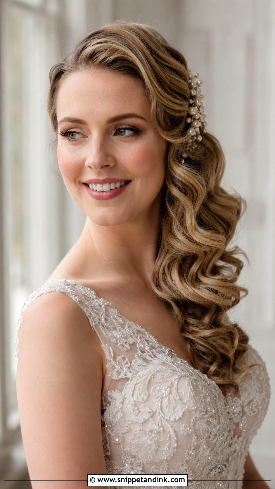Pearl Side Swept Curls - Snippet and Ink - 25 Bridal Hair with Pearls Ideas