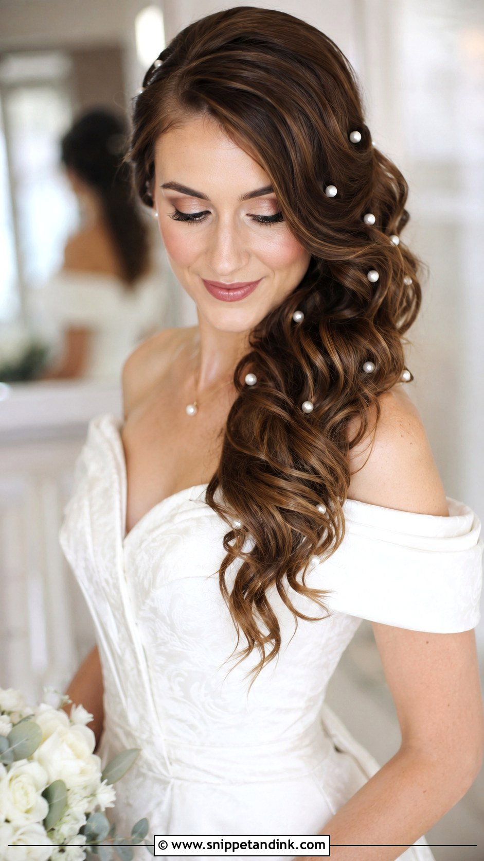 Pearl Side Swept Curls - Snippet and Ink - 20 Pearl Bridal Hair Ideas